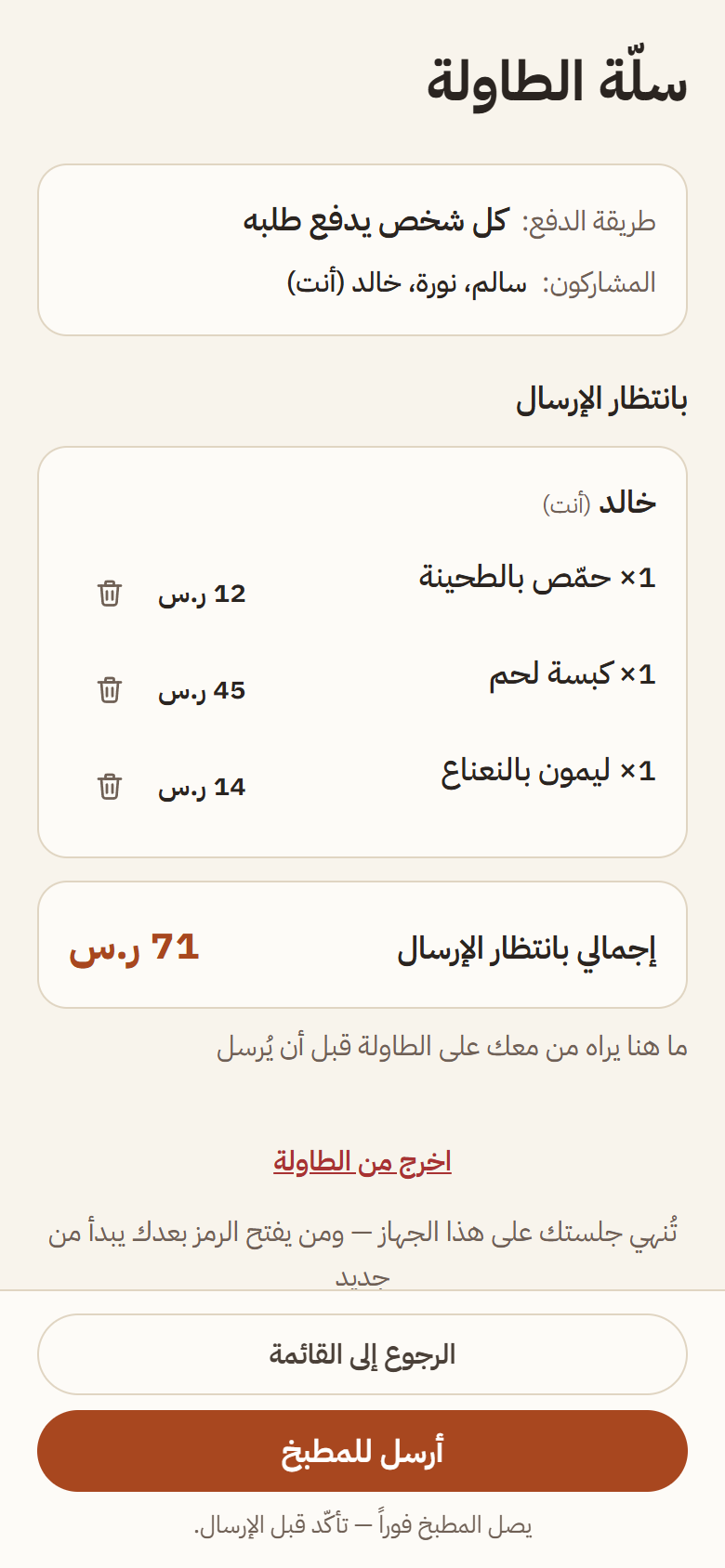 سلّة الطاولة: طريقة الدفع والمشاركون وأصناف بانتظار الإرسال والإجمالي